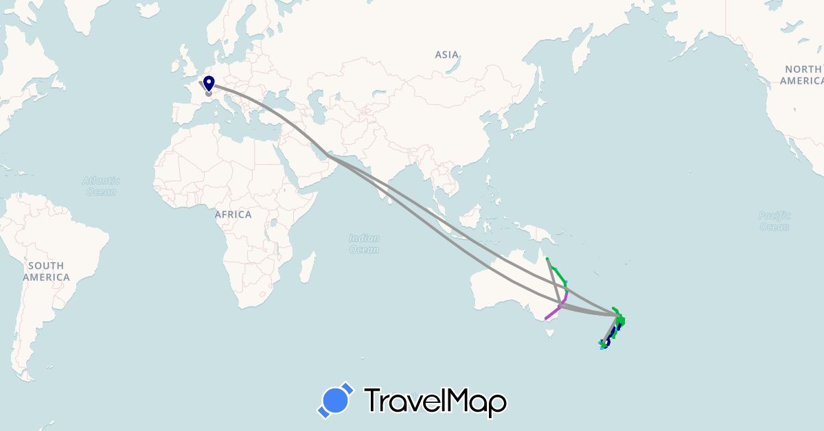 TravelMap itinerary: driving, bus, plane, train, hiking, boat in United Arab Emirates, Australia, Switzerland, France, New Zealand (Asia, Europe, Oceania)